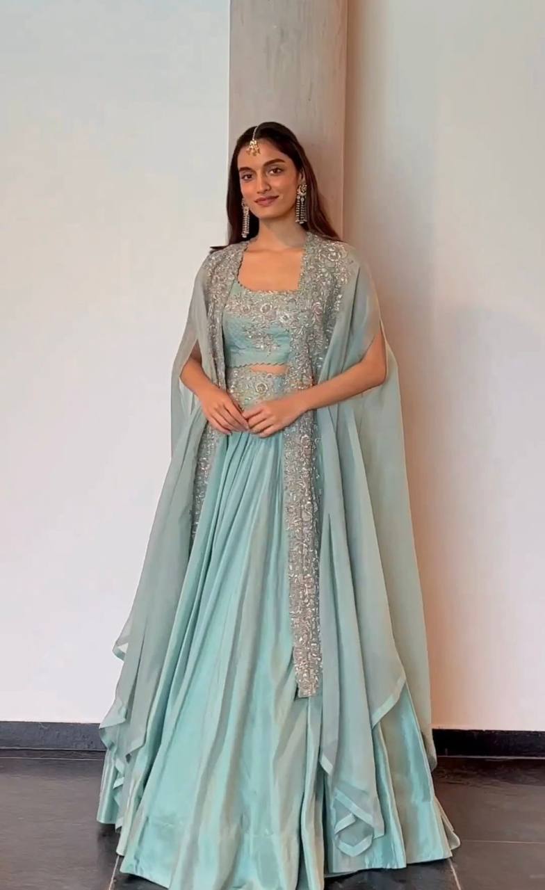 Sky Blue Designer Chinon Semi-Stitched Lehenga Set with Elegant Tabby Organza Shrug