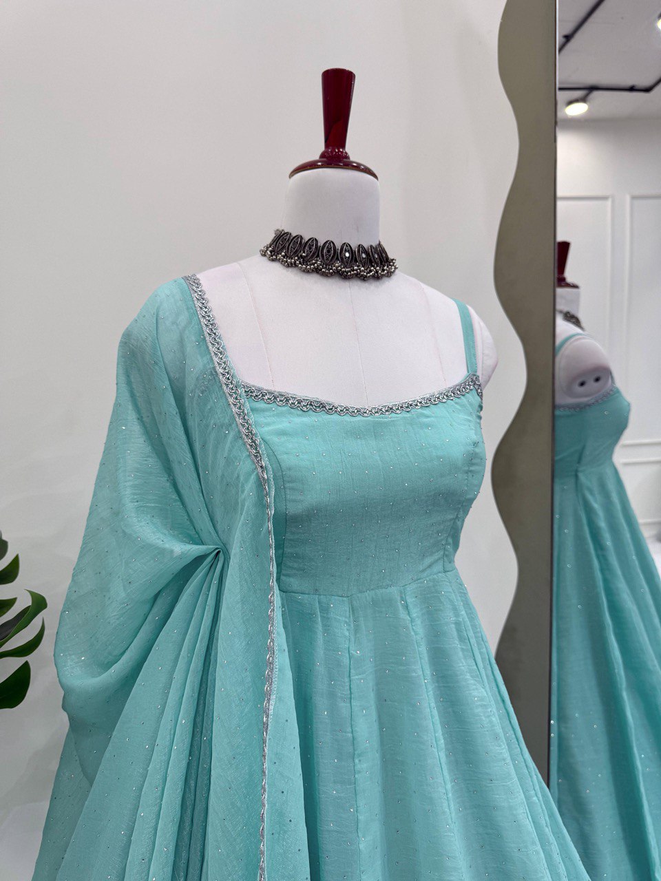 Sky Blue Designer Crunch Silk Hotfix Suit Set with Dupatta | Ready To Wear