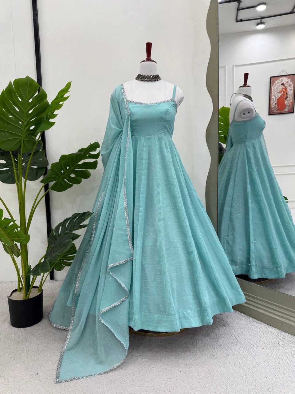 Sky Blue Designer Crunch Silk Hotfix Suit Set with Dupatta | Ready To Wear
