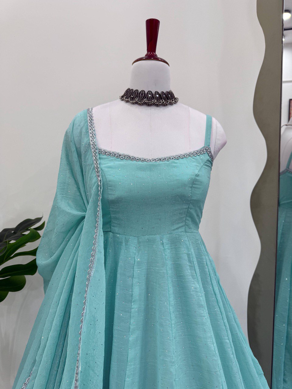 Sky Blue Designer Crunch Silk Hotfix Suit Set with Dupatta | Ready To Wear