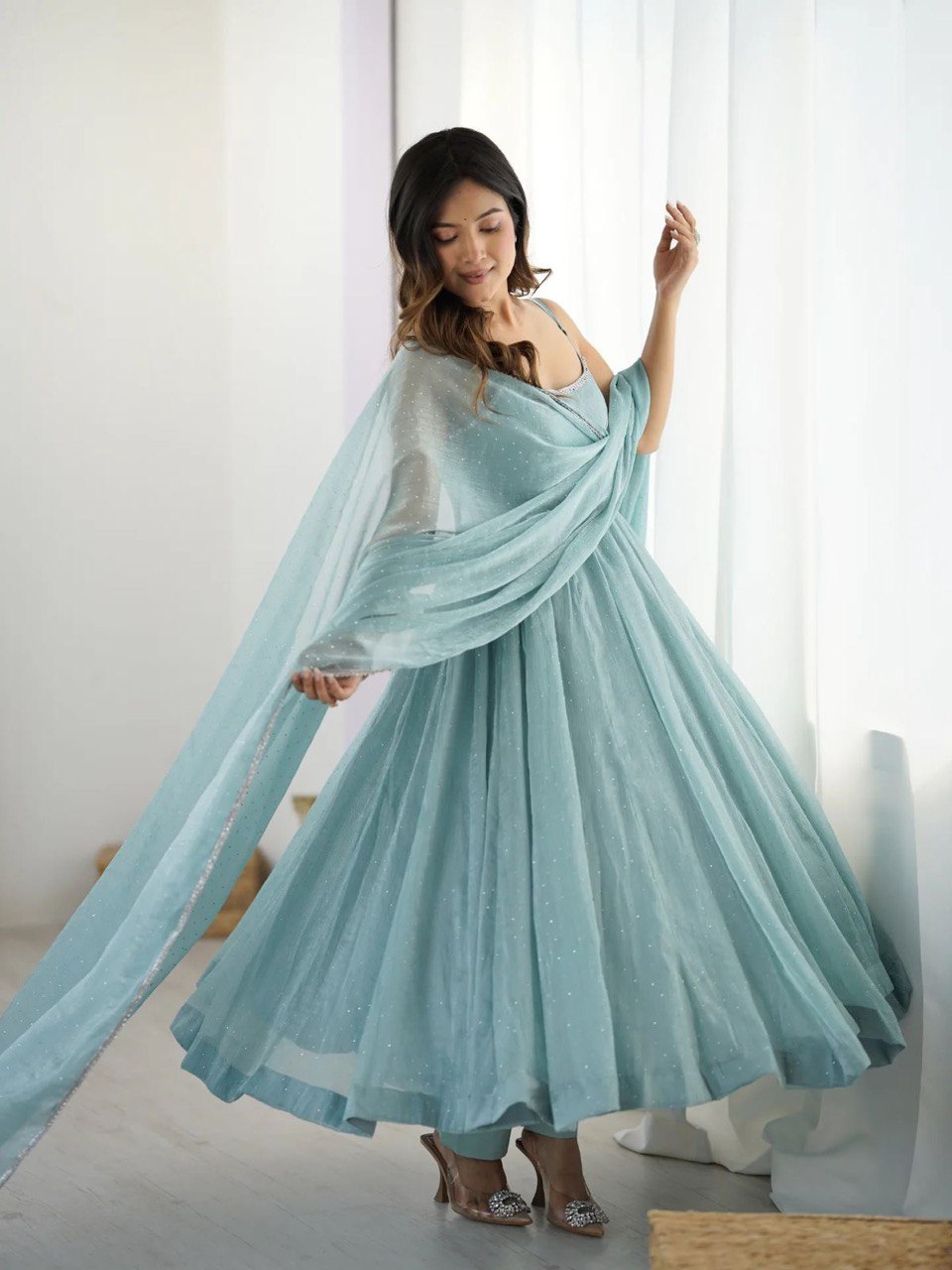 Sky Blue Designer Crunch Silk Hotfix Suit Set with Dupatta | Ready To Wear