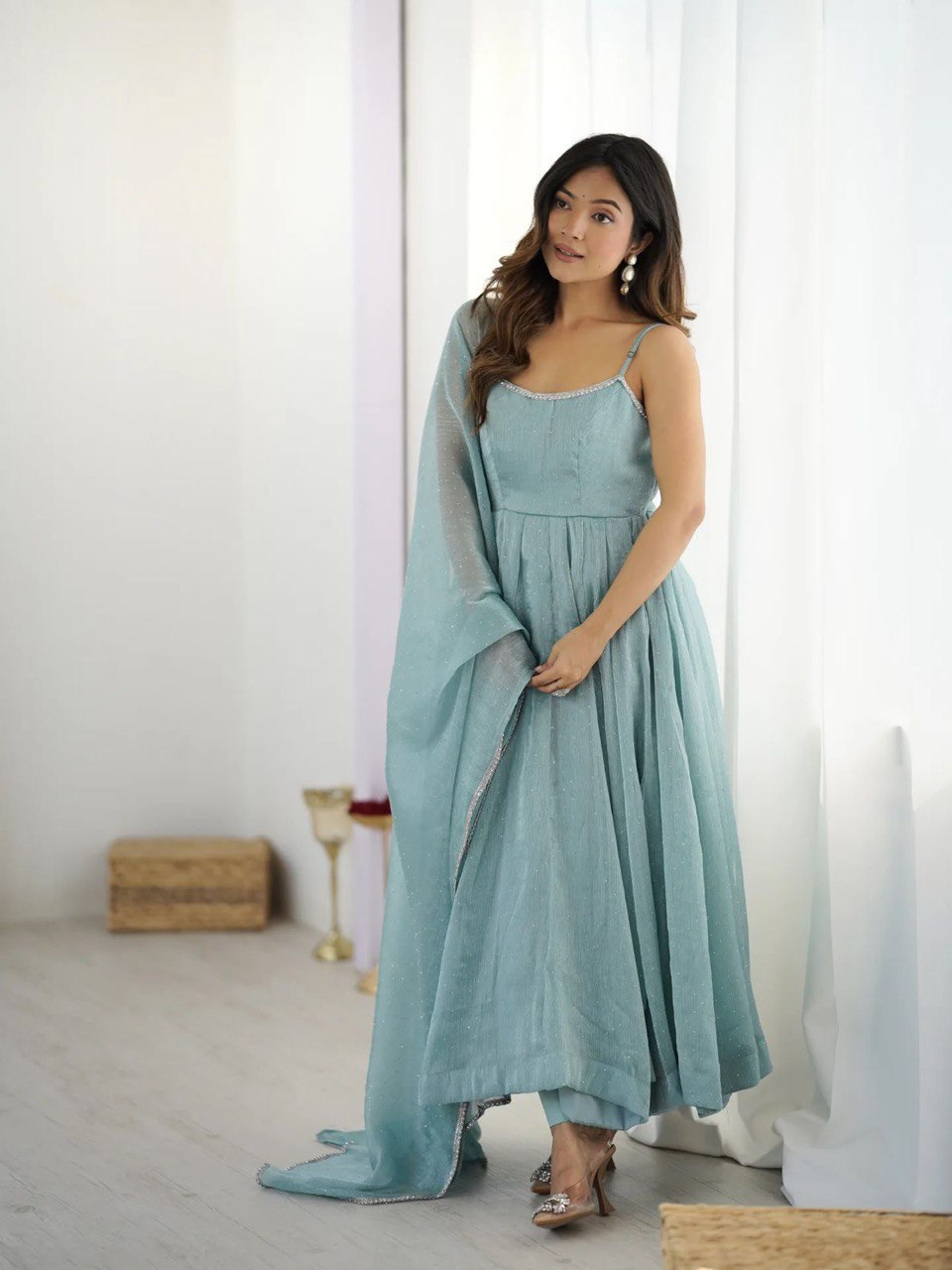 Sky Blue Designer Crunch Silk Hotfix Suit Set with Dupatta | Ready To Wear