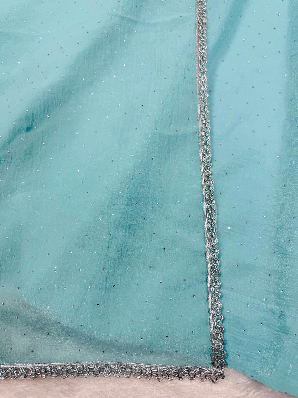 Sky Blue Designer Crunch Silk Hotfix Suit Set with Dupatta | Ready To Wear