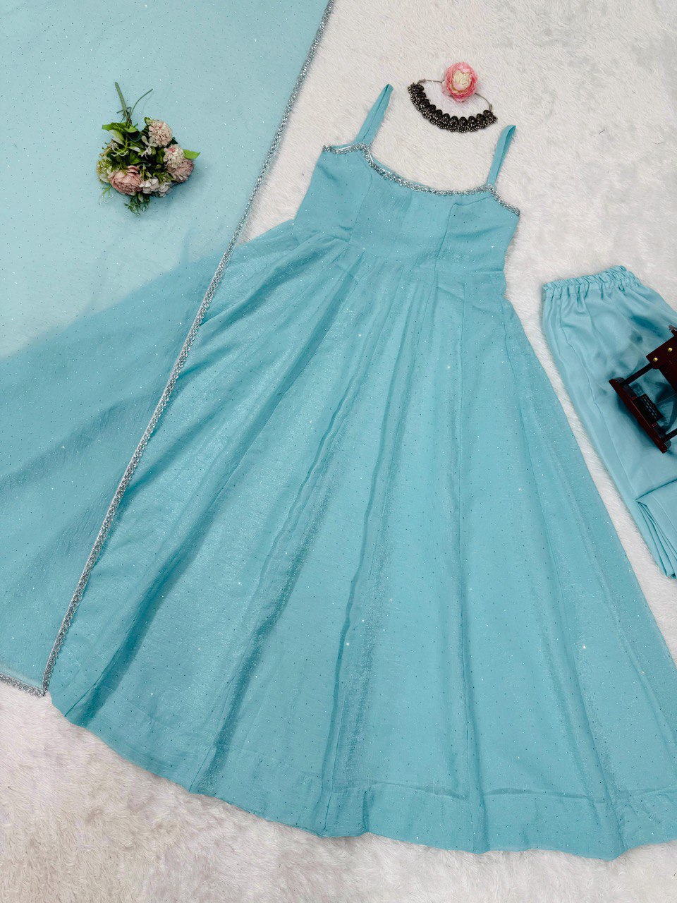 Sky Blue Designer Crunch Silk Hotfix Suit Set with Dupatta | Ready To Wear