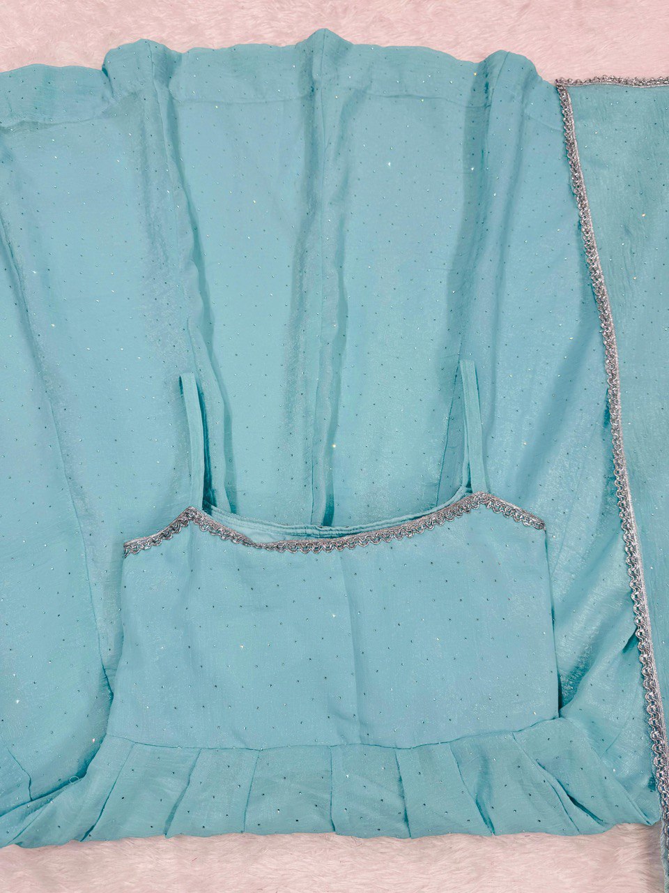 Sky Blue Designer Crunch Silk Hotfix Suit Set with Dupatta | Ready To Wear