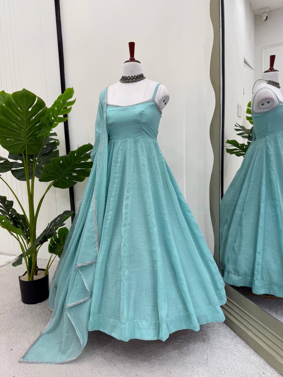 Sky Blue Designer Crunch Silk Hotfix Suit Set with Dupatta | Ready To Wear