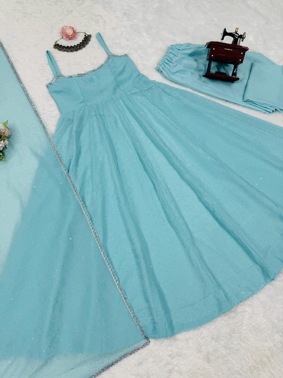 Sky Blue Designer Crunch Silk Hotfix Suit Set with Dupatta | Ready To Wear