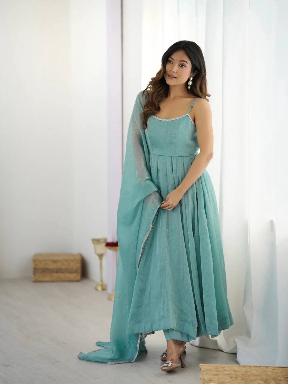 Sky Blue Designer Crunchy Silk Anarkali Set with Swarovski Work & Fancy Lace Dupatta