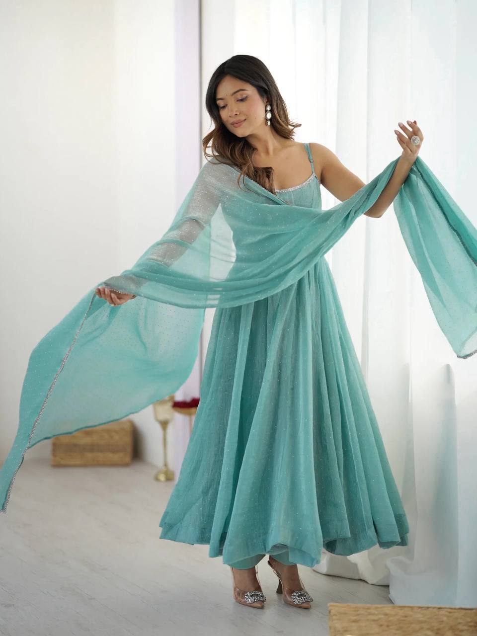Sky Blue Designer Crunchy Silk Anarkali Set with Swarovski Work & Fancy Lace Dupatta