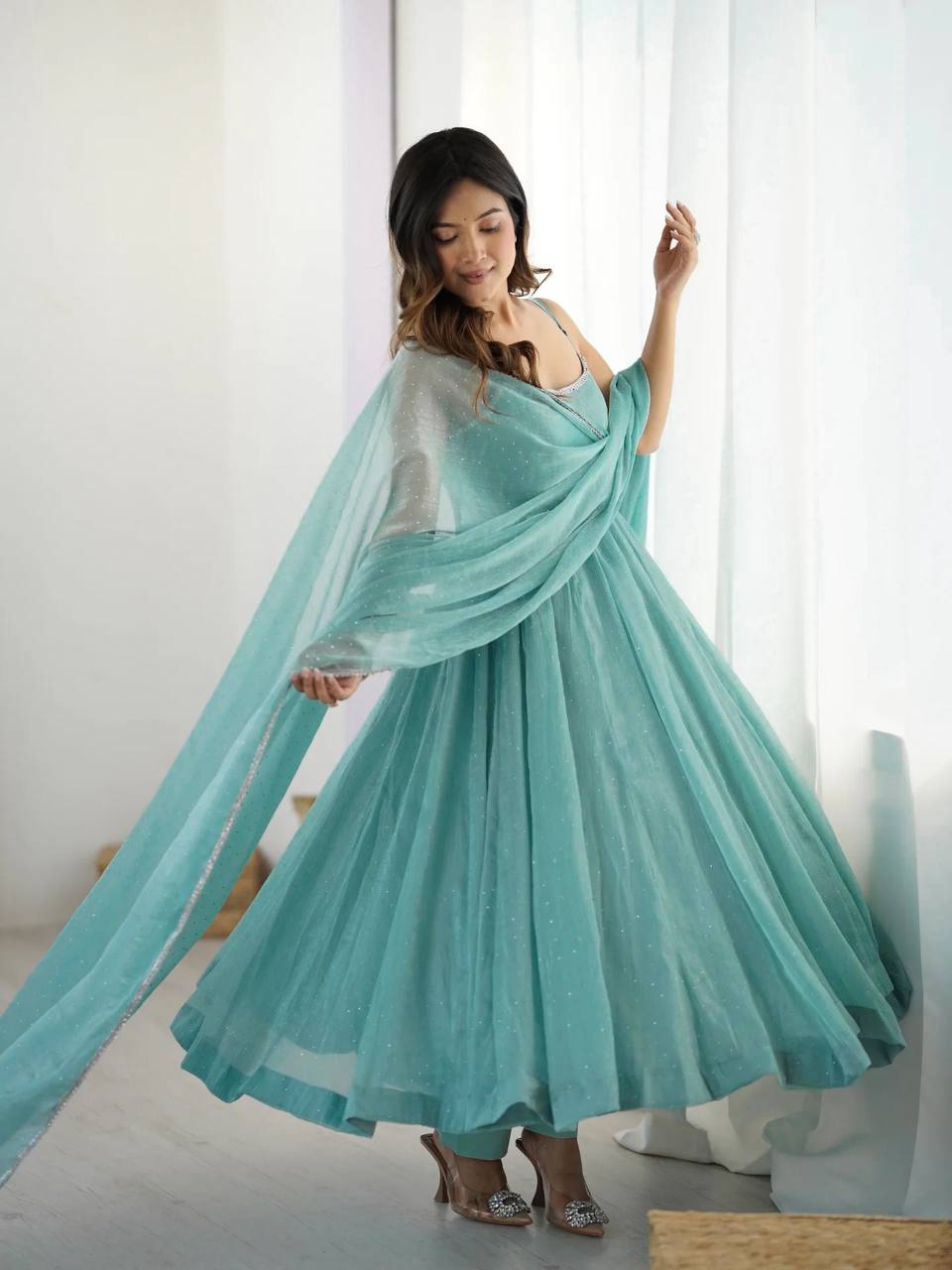 Sky Blue Designer Crunchy Silk Anarkali Set with Swarovski Work & Fancy Lace Dupatta