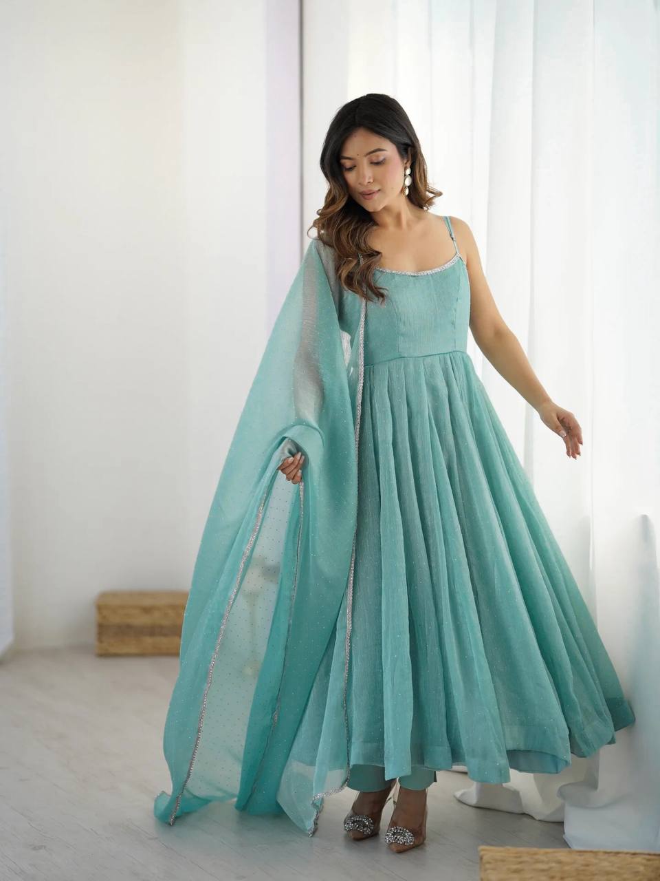 Sky Blue Designer Crunchy Silk Anarkali Set with Swarovski Work & Fancy Lace Dupatta