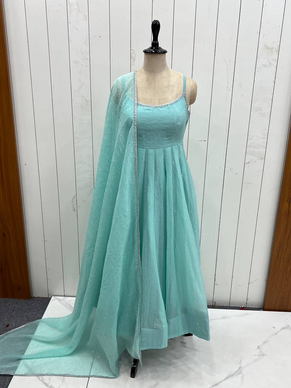 Sky Blue Designer Crunchy Silk Anarkali Set with Swarovski Work & Fancy Lace Dupatta