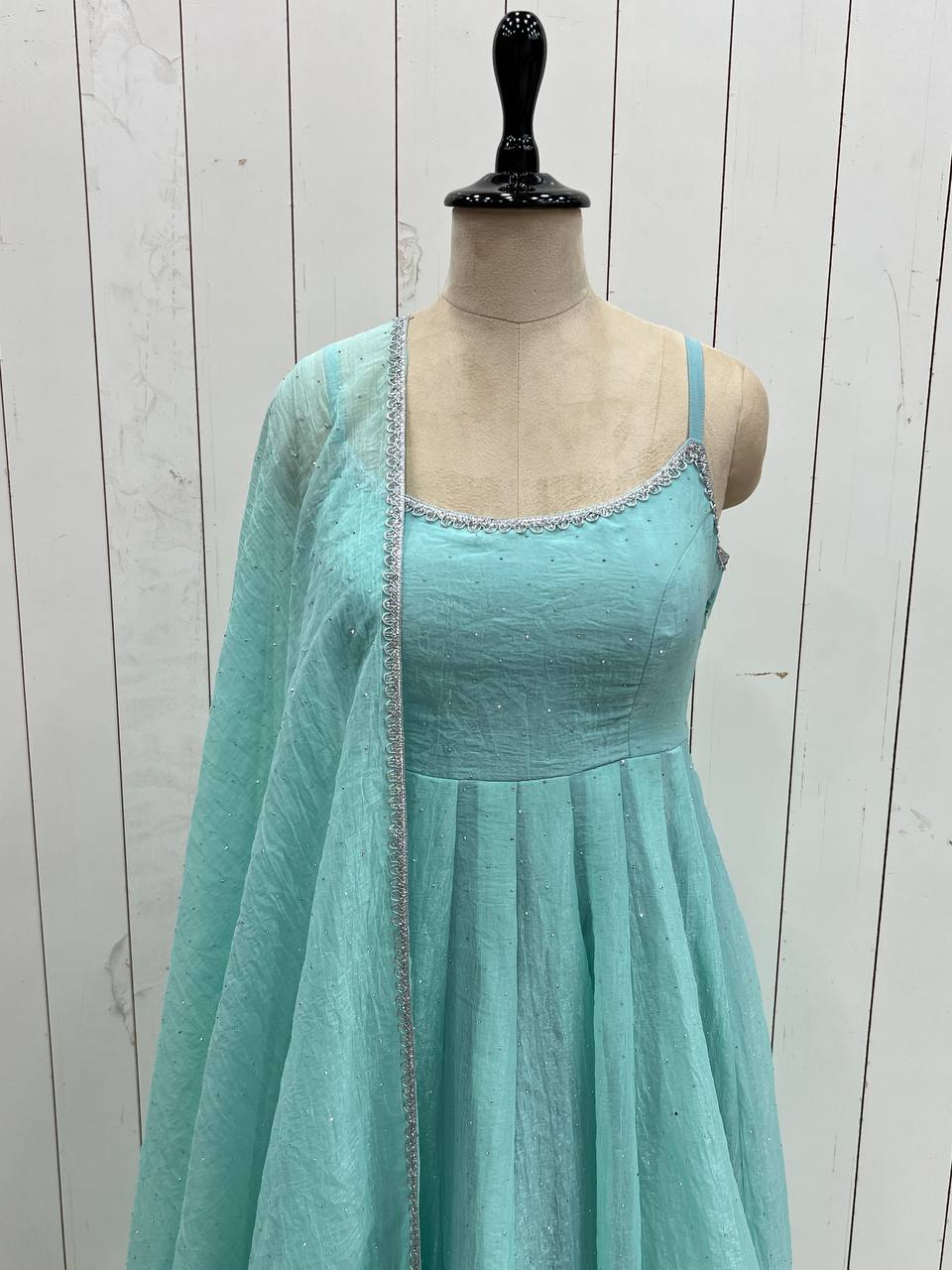 Sky Blue Designer Crunchy Silk Anarkali Set with Swarovski Work & Fancy Lace Dupatta
