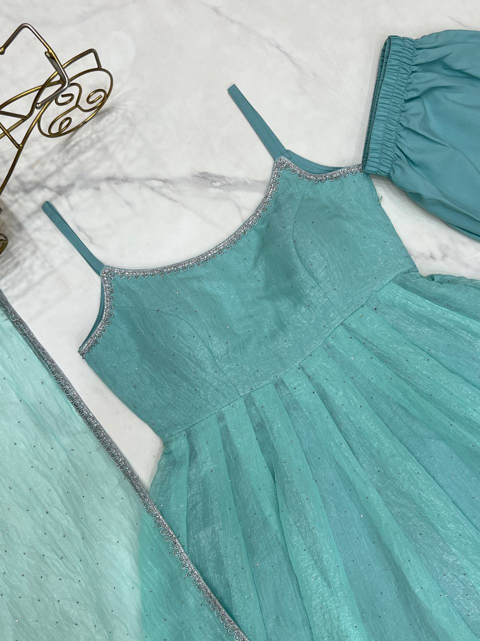 Sky Blue Designer Crunchy Silk Anarkali Set with Swarovski Work & Fancy Lace Dupatta