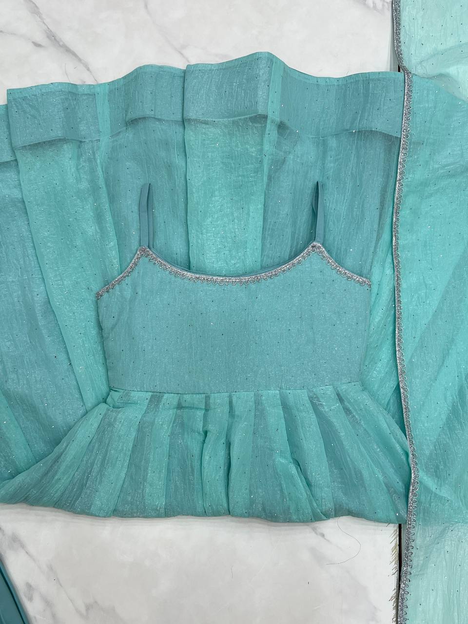 Sky Blue Designer Crunchy Silk Anarkali Set with Swarovski Work & Fancy Lace Dupatta