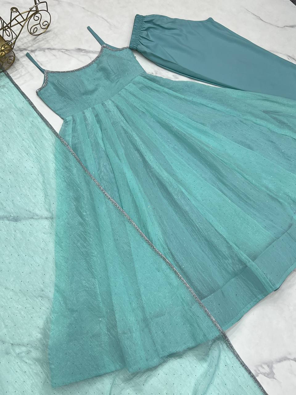 Sky Blue Designer Crunchy Silk Anarkali Set with Swarovski Work & Fancy Lace Dupatta