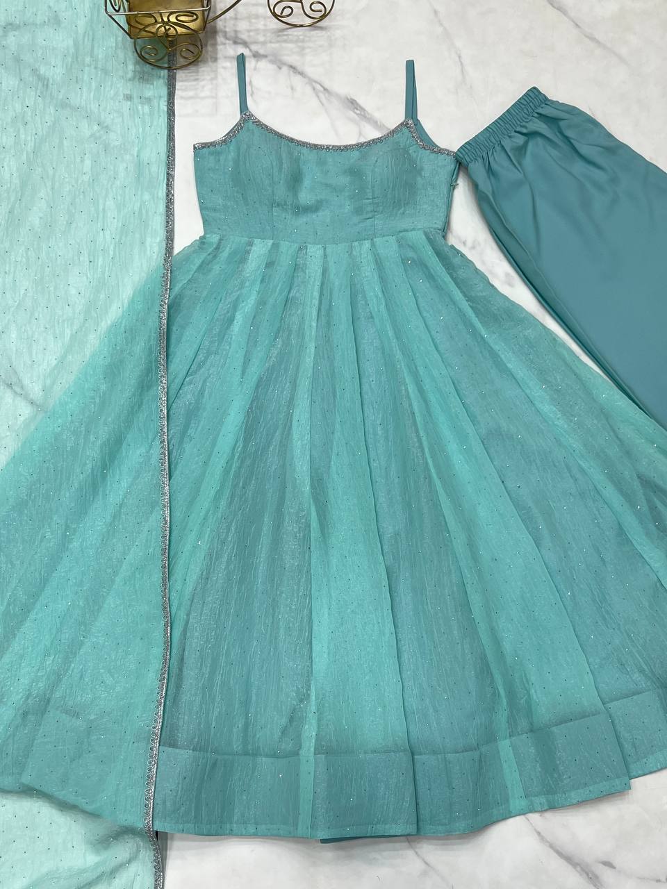 Sky Blue Designer Crunchy Silk Anarkali Set with Swarovski Work & Fancy Lace Dupatta