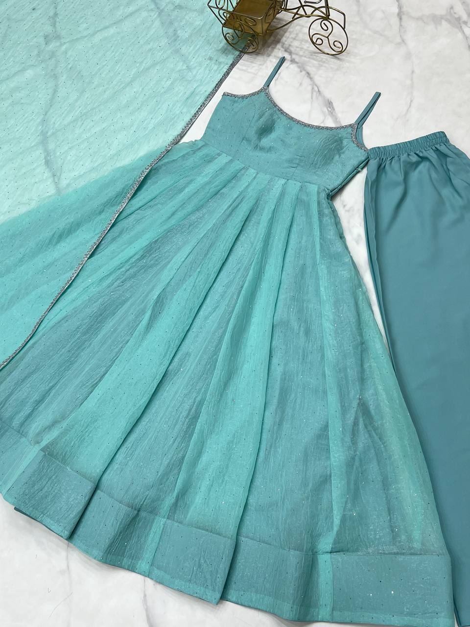 Sky Blue Designer Crunchy Silk Anarkali Set with Swarovski Work & Fancy Lace Dupatta
