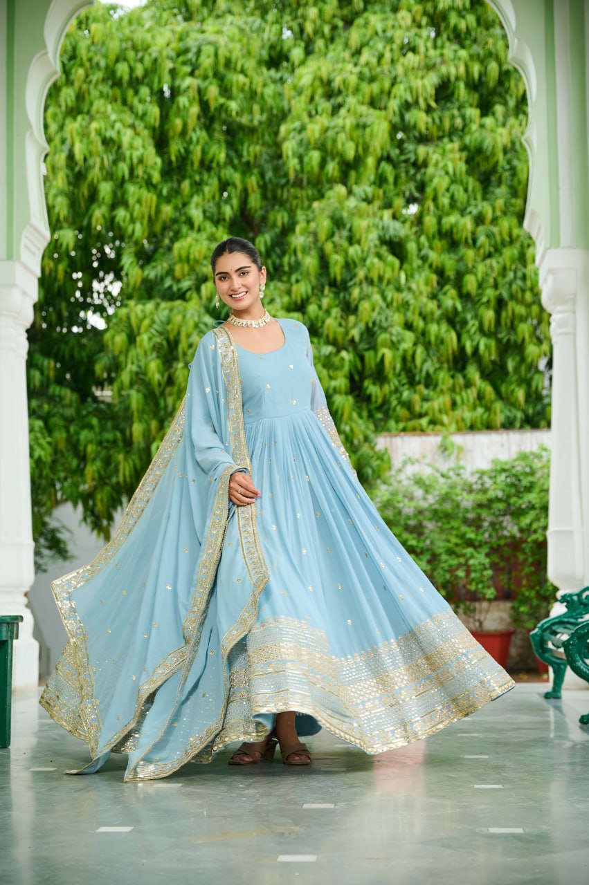 Sky Blue Designer Dusty-Tone Faux Georgette Gown with Embroidery & Sequins Dupatta