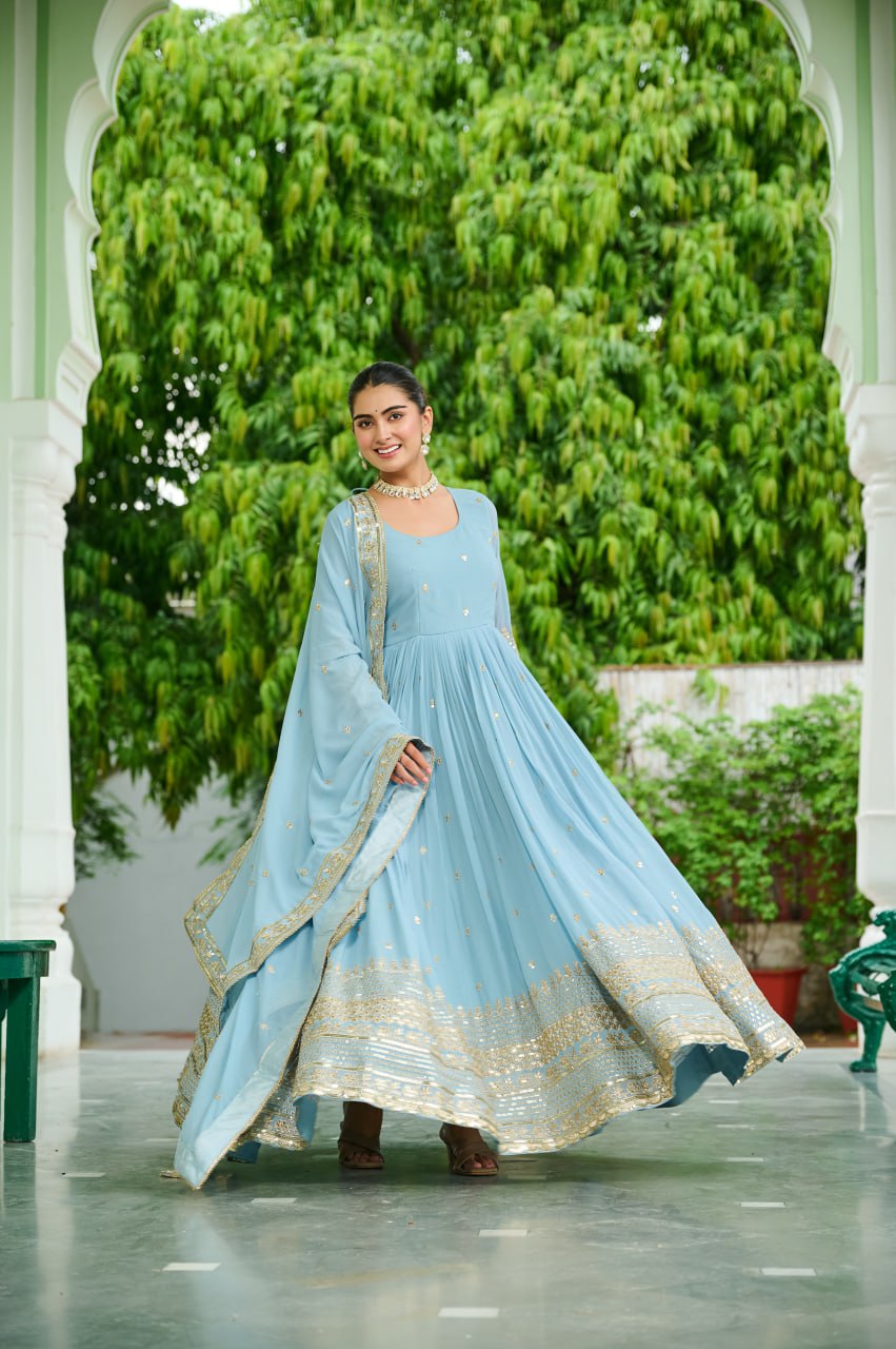 Sky Blue Designer Dusty-Tone Faux Georgette Gown with Embroidery & Sequins Dupatta