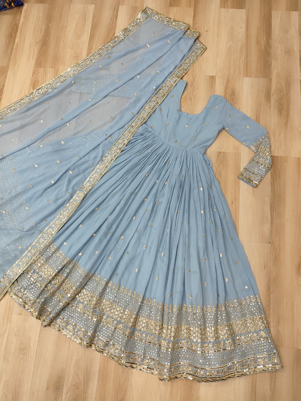 Sky Blue Designer Dusty-Tone Faux Georgette Gown with Embroidery & Sequins Dupatta