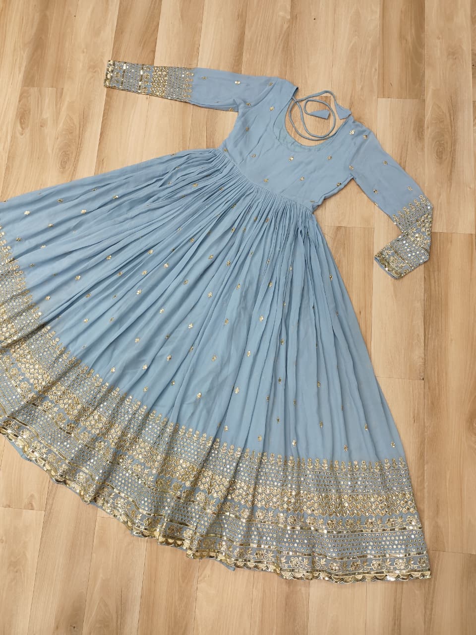 Sky Blue Designer Dusty-Tone Faux Georgette Gown with Embroidery & Sequins Dupatta