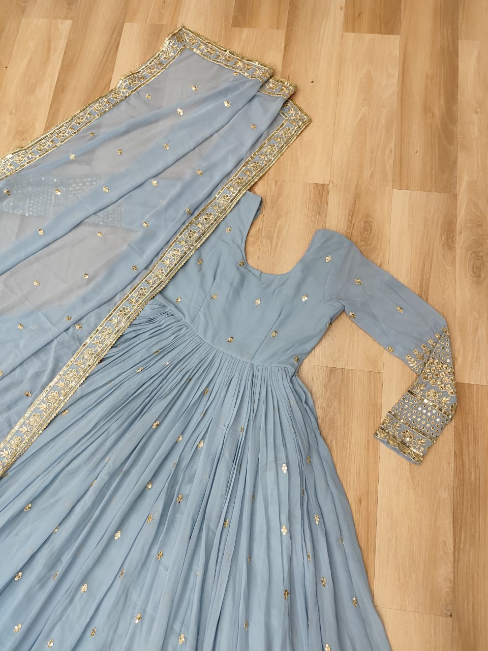 Sky Blue Designer Dusty-Tone Faux Georgette Gown with Embroidery & Sequins Dupatta