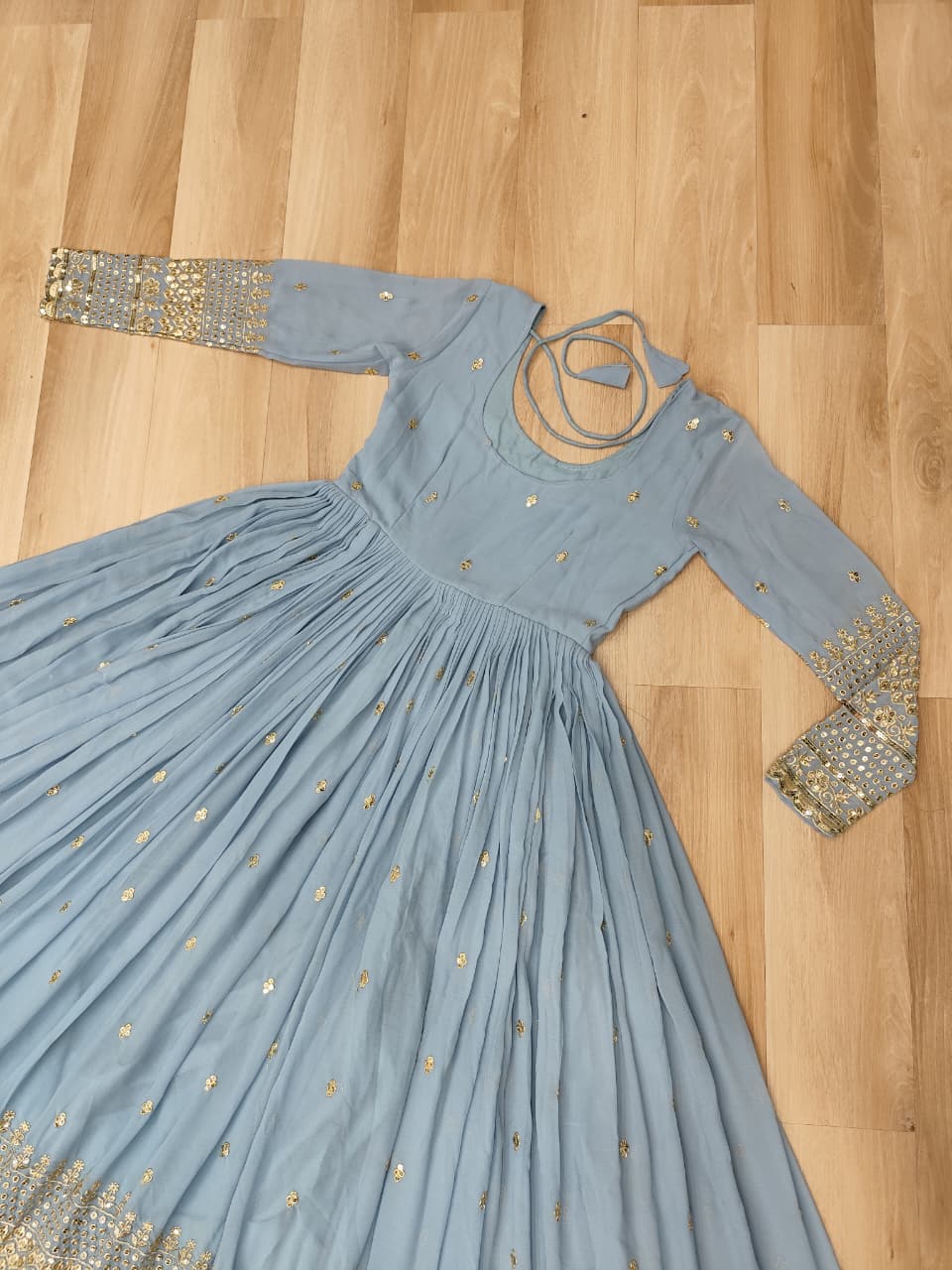 Sky Blue Designer Dusty-Tone Faux Georgette Gown with Embroidery & Sequins Dupatta