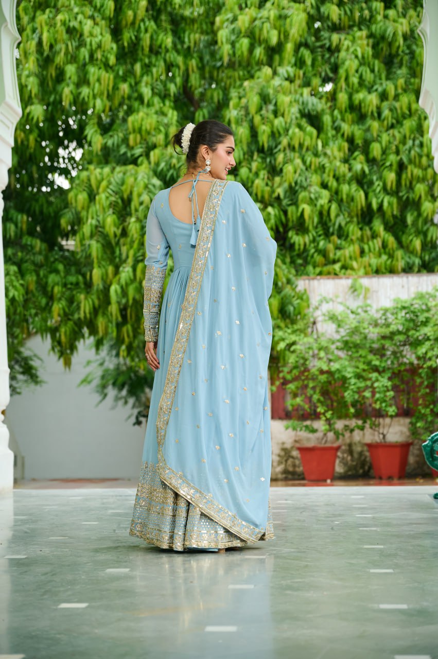 Sky Blue Designer Dusty-Tone Faux Georgette Gown with Embroidery & Sequins Dupatta