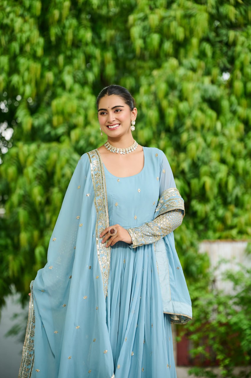 Sky Blue Designer Dusty-Tone Faux Georgette Gown with Embroidery & Sequins Dupatta