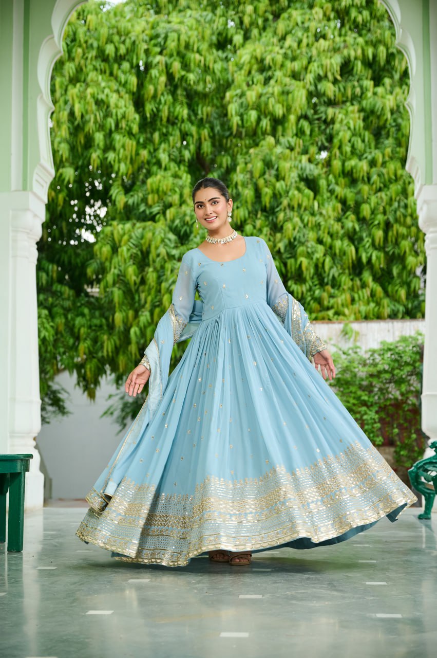 Sky Blue Designer Dusty-Tone Faux Georgette Gown with Embroidery & Sequins Dupatta