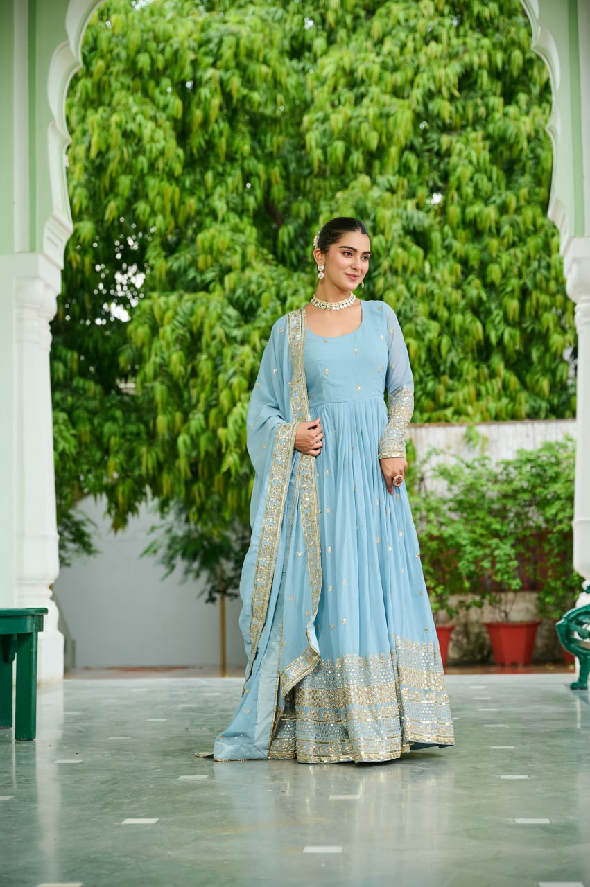 Sky Blue Designer Dusty-Tone Faux Georgette Gown with Embroidery & Sequins Dupatta