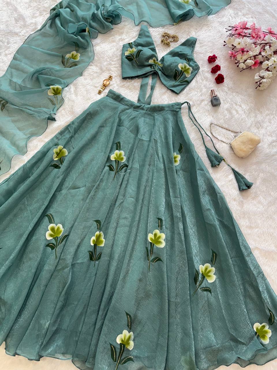 Sky Blue Designer Fandy Crush Handpaint Lehenga Set