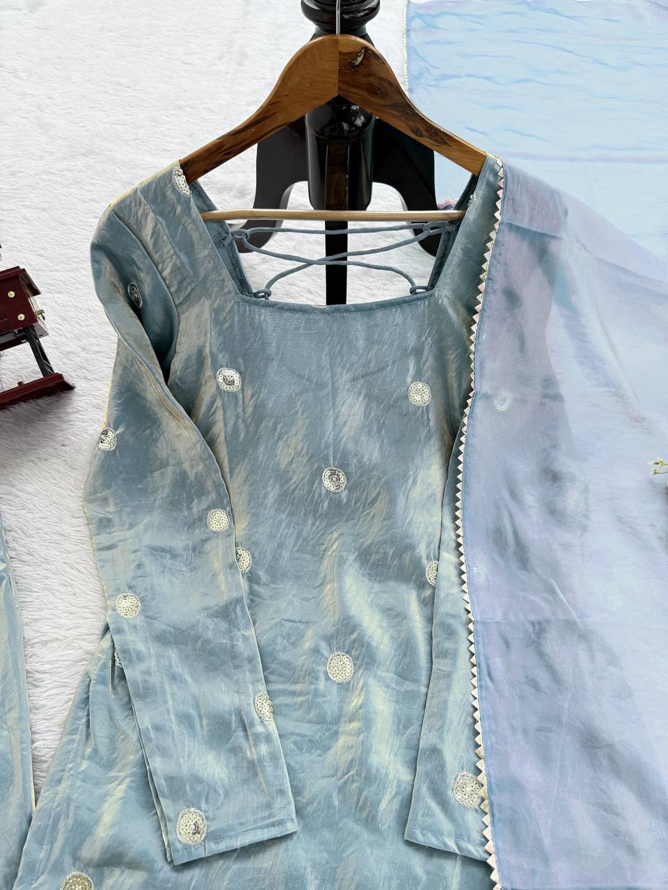 Sky Blue Designer Fandy Silk Plazo Set with Sequins Work & Dupatta