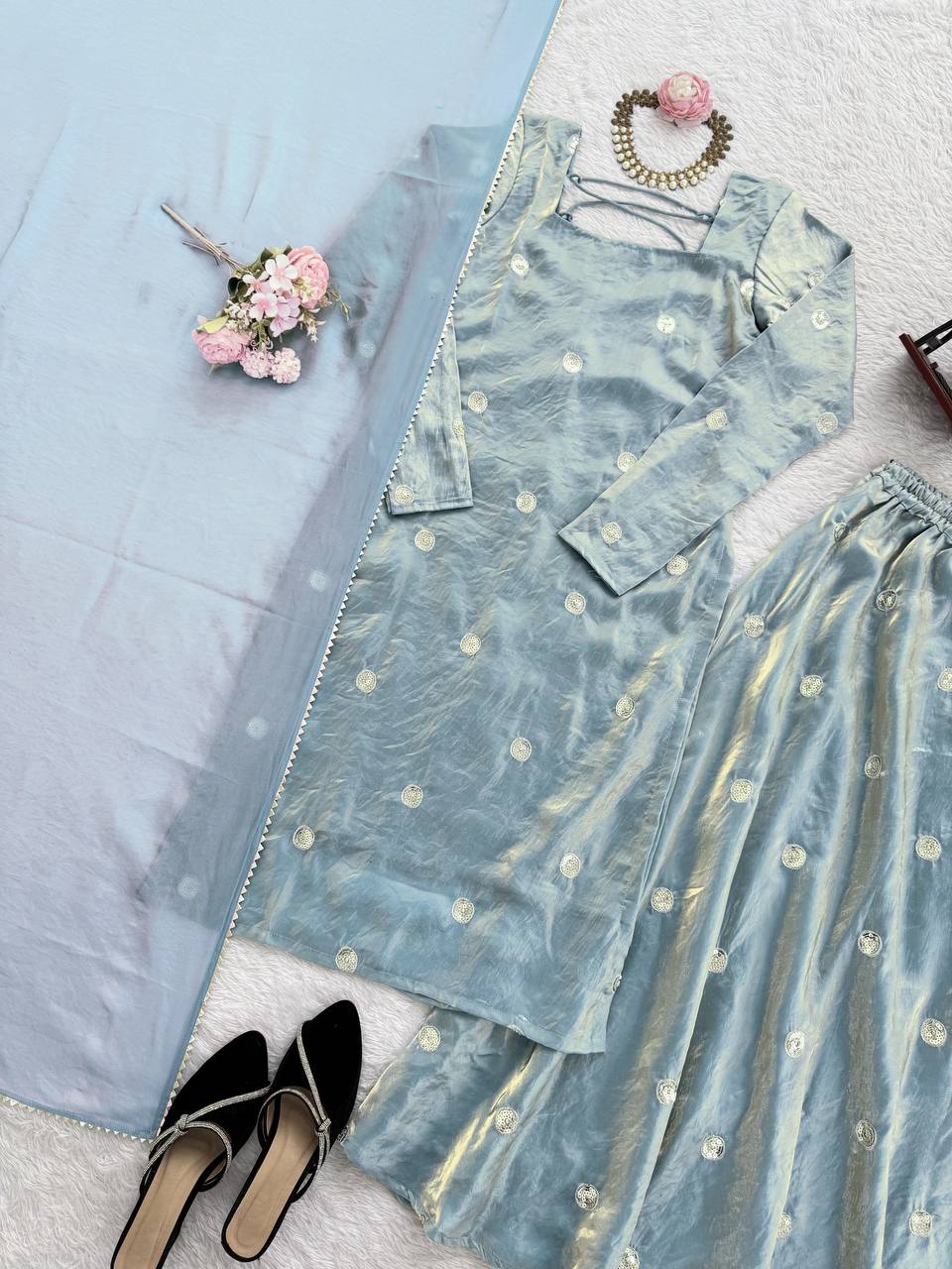 Sky Blue Designer Fandy Silk Plazo Set with Sequins Work & Dupatta