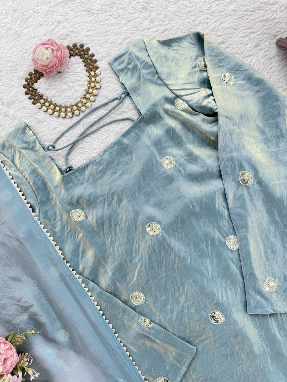 Sky Blue Designer Fandy Silk Plazo Set with Sequins Work & Dupatta