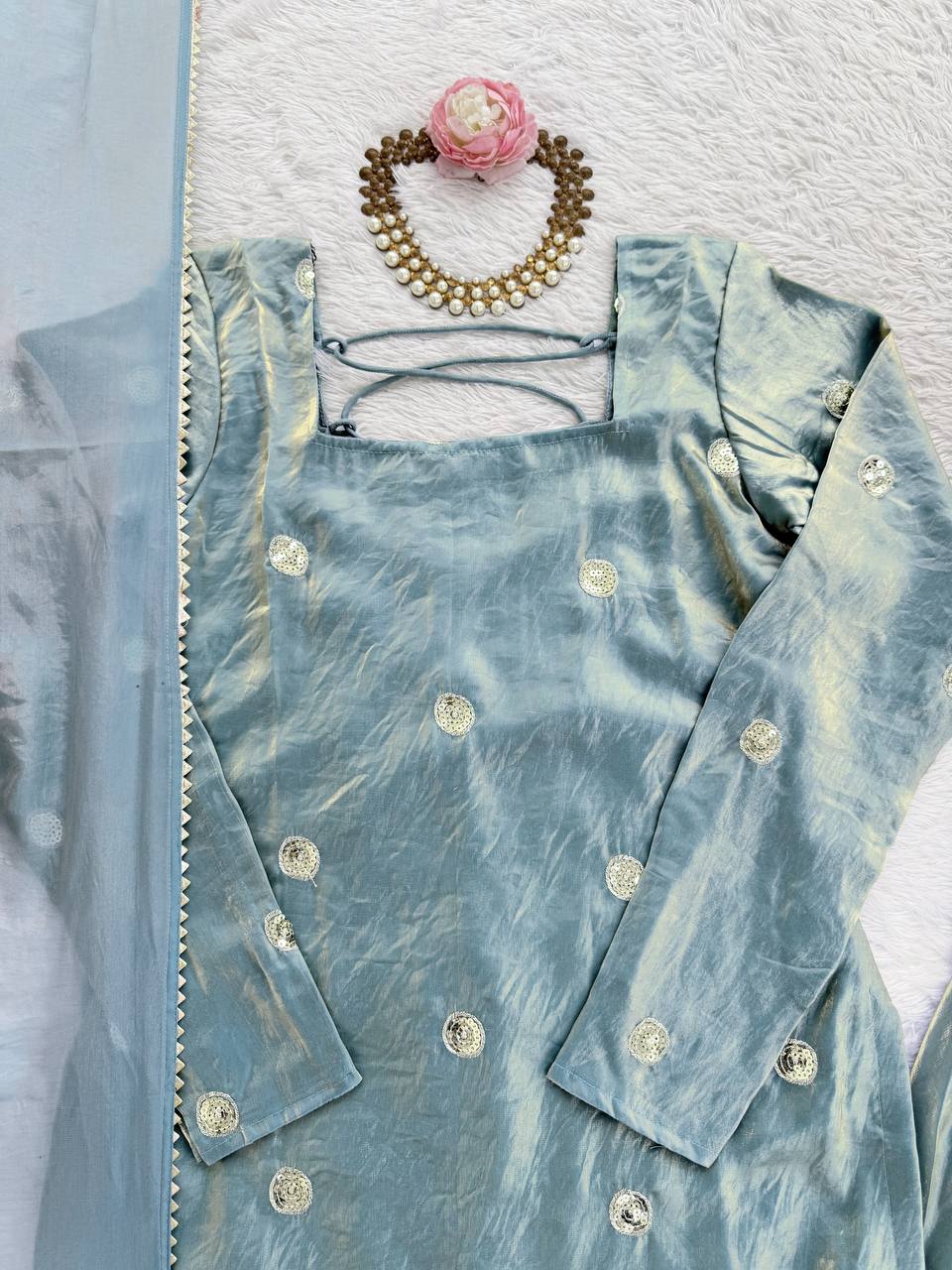 Sky Blue Designer Fandy Silk Plazo Set with Sequins Work & Dupatta