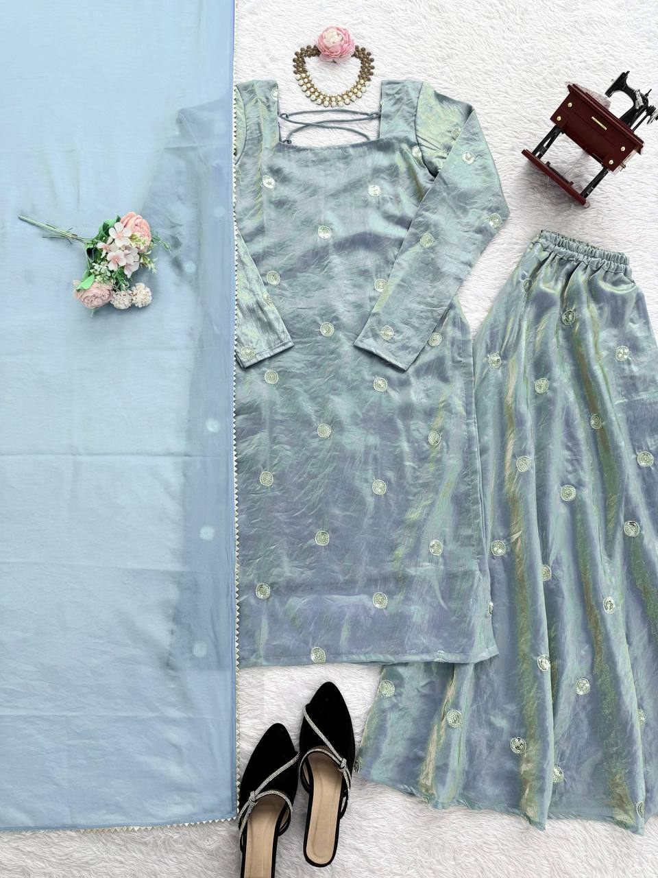 Sky Blue Designer Fandy Silk Plazo Set with Sequins Work & Dupatta