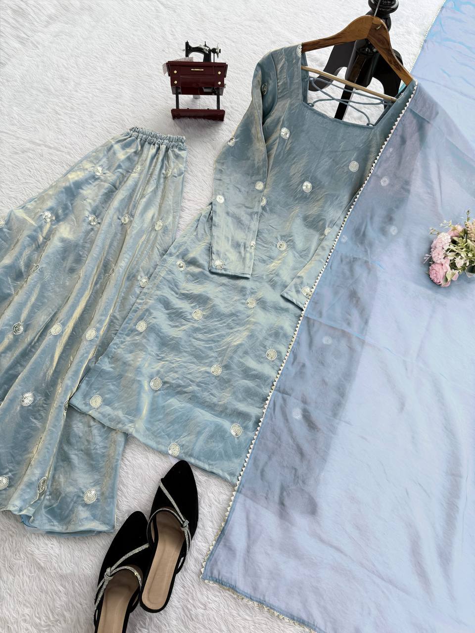Sky Blue Designer Fandy Silk Plazo Set with Sequins Work & Dupatta