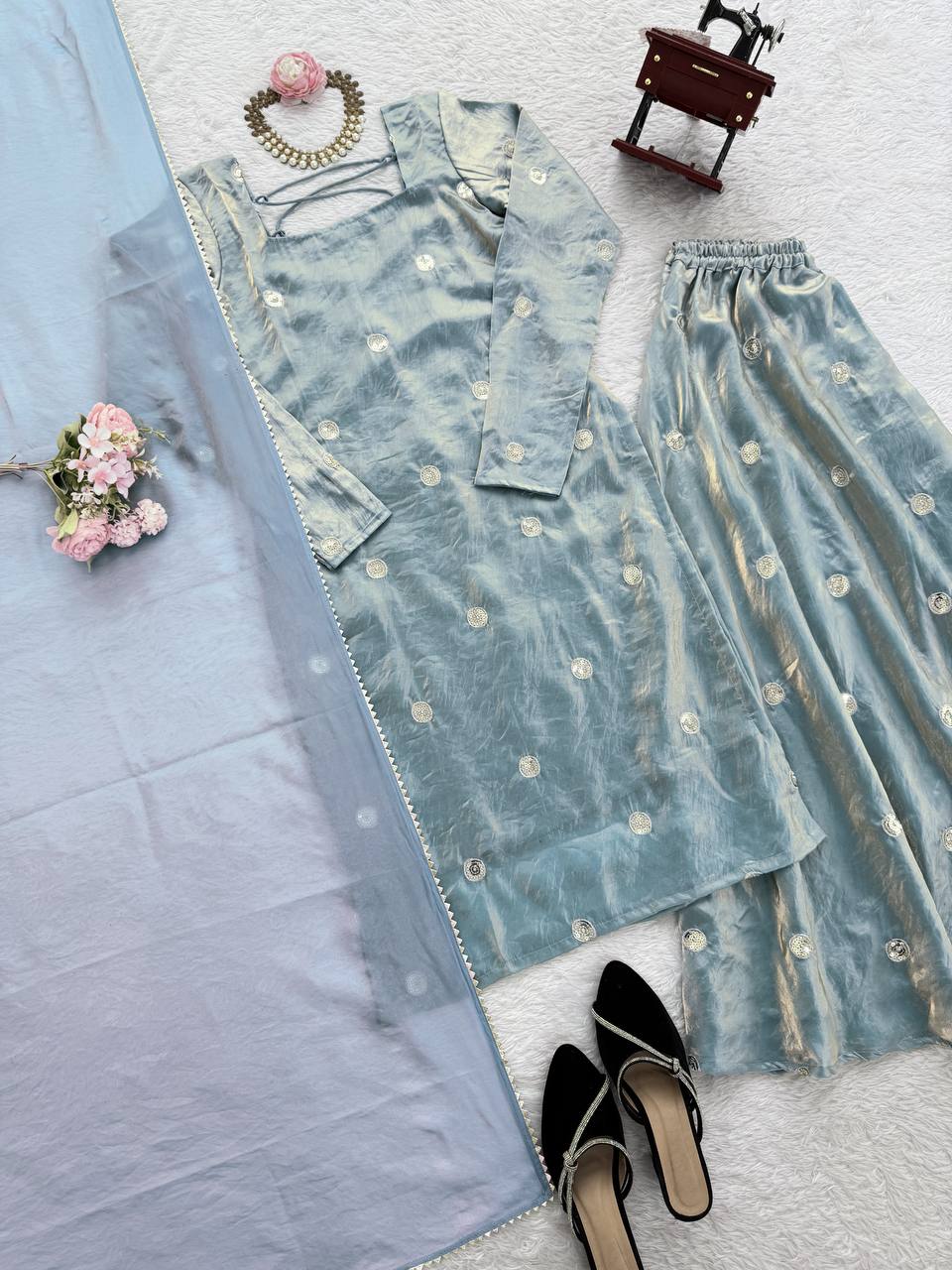 Sky Blue Designer Fandy Silk Plazo Set with Sequins Work & Dupatta