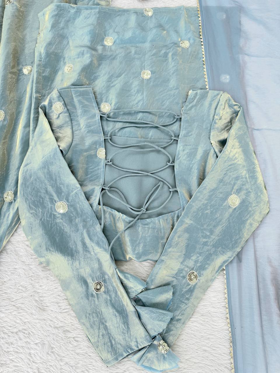 Sky Blue Designer Fandy Silk Plazo Set with Sequins Work & Dupatta