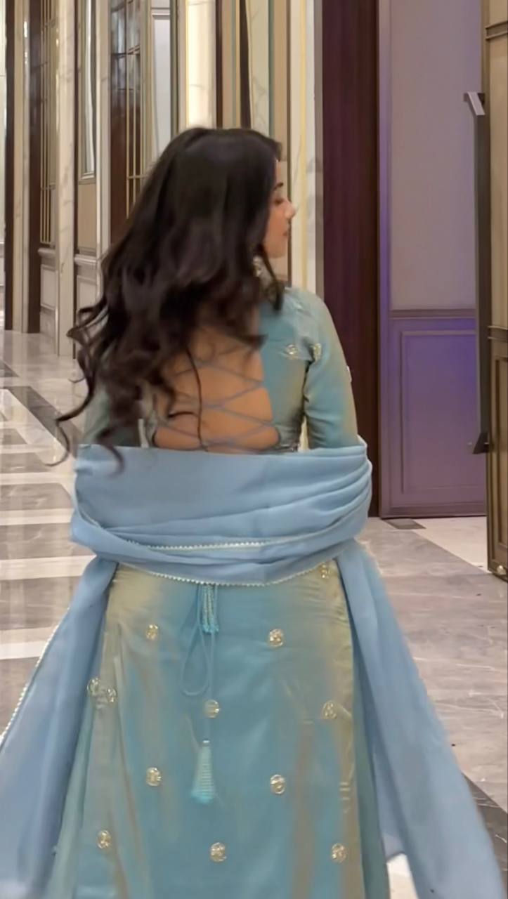 Sky Blue Designer Fandy Silk Plazo Set with Sequins Work & Dupatta