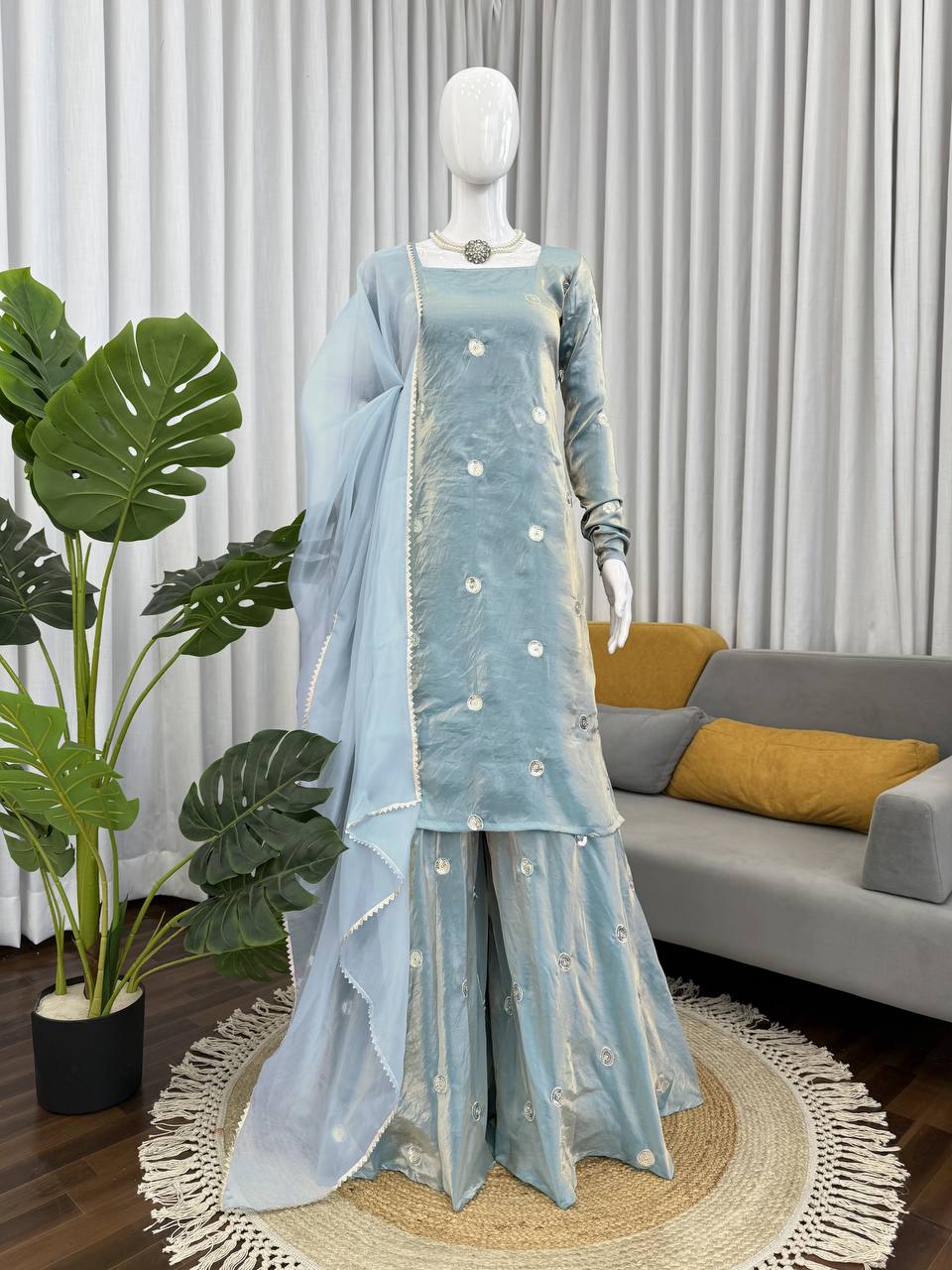 Sky Blue Designer Fandy Silk Plazo Set with Sequins Work & Dupatta