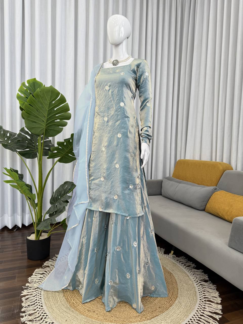 Sky Blue Designer Fandy Silk Plazo Set with Sequins Work & Dupatta