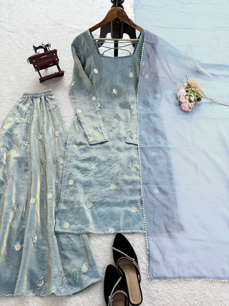 Sky Blue Designer Fandy Silk Plazo Set with Sequins Work & Dupatta