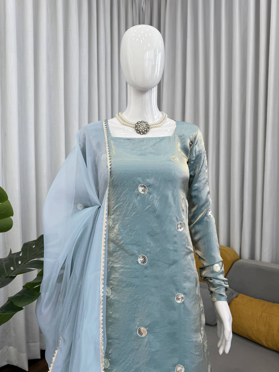 Sky Blue Designer Fandy Silk Plazo Set with Sequins Work & Dupatta
