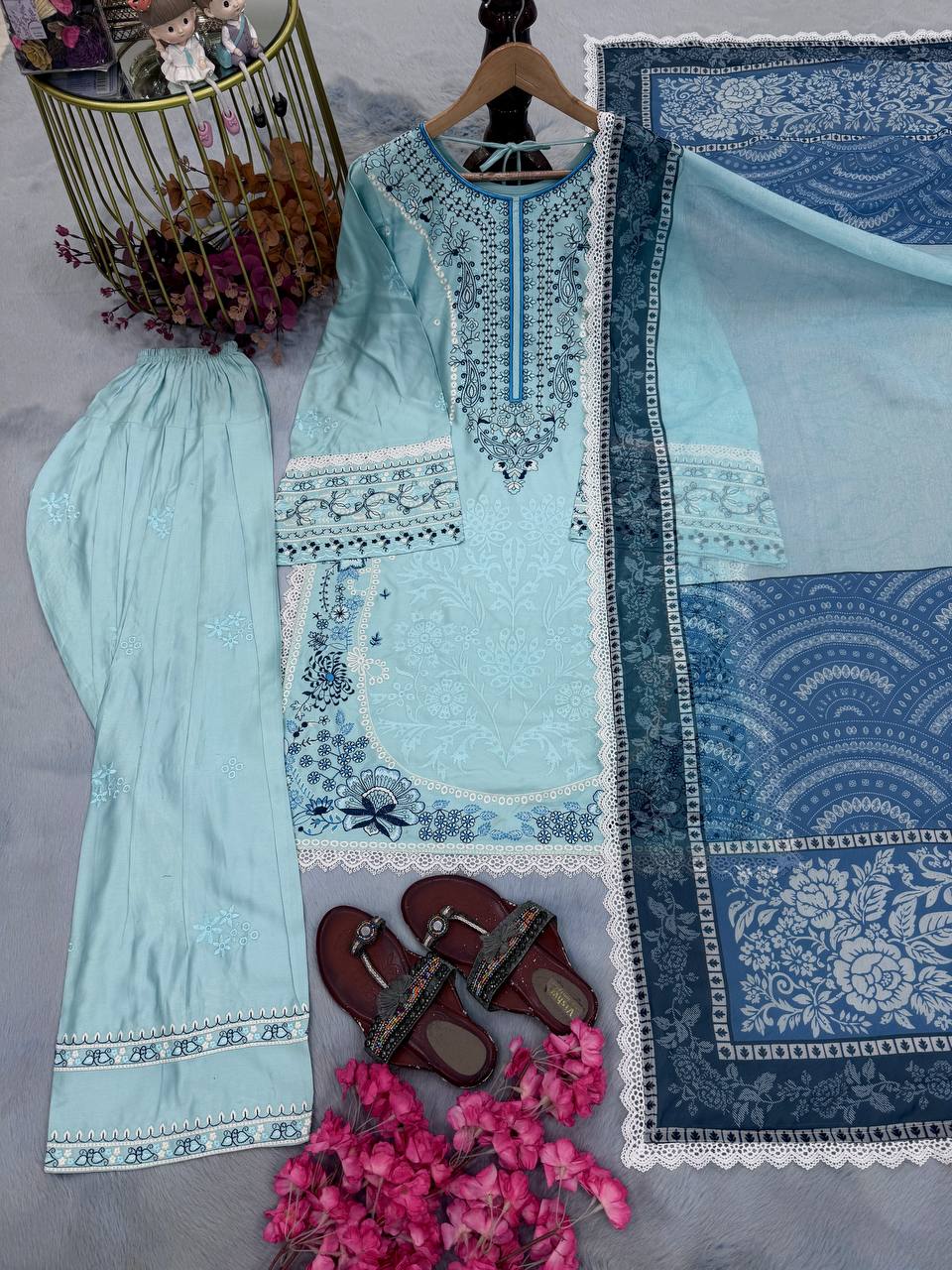 Sky Blue Designer Farshi Palazzo Suit