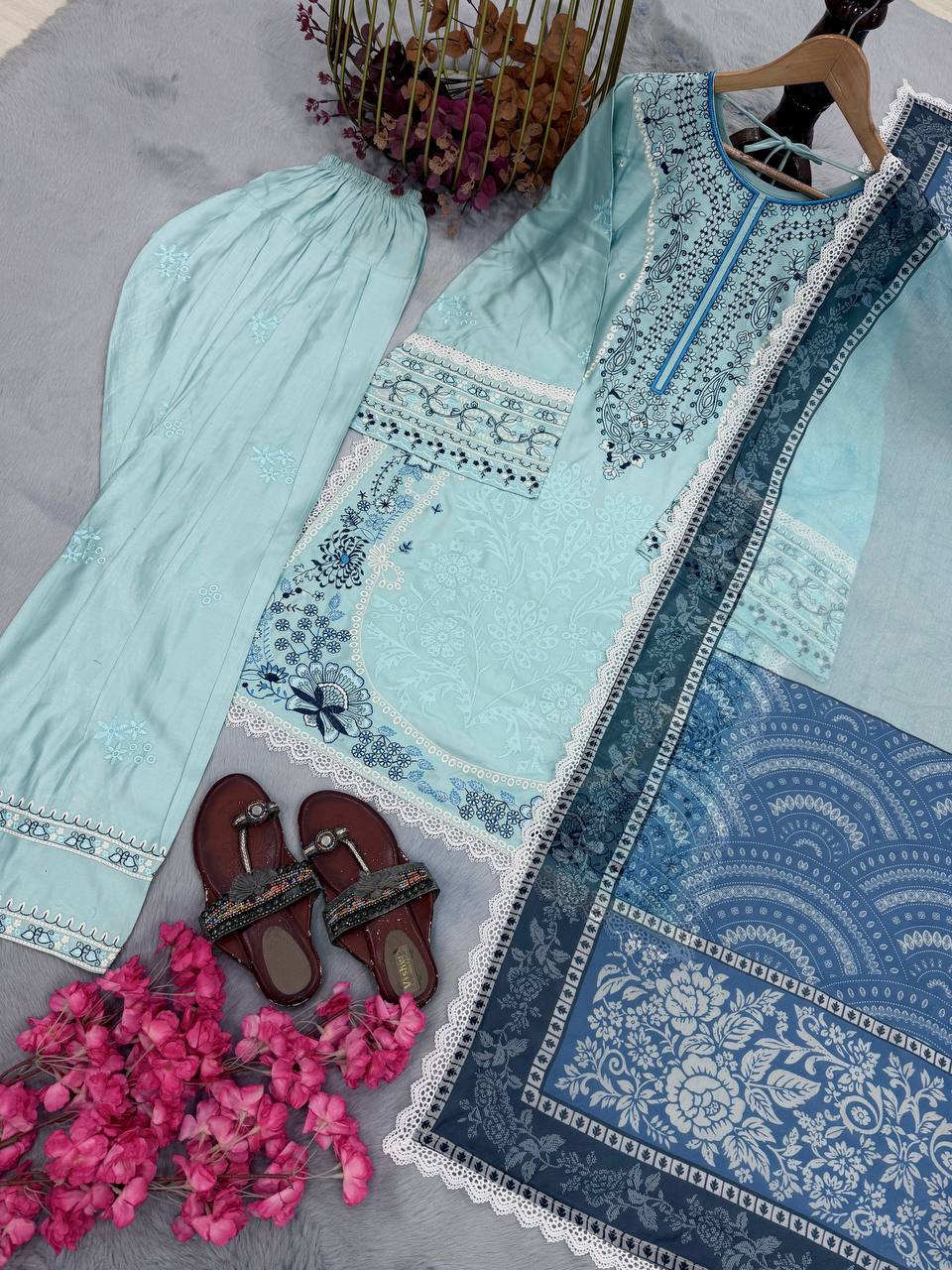 Sky Blue Designer Farshi Palazzo Suit