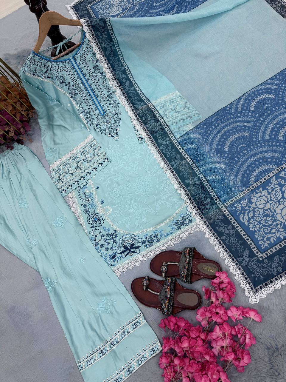 Sky Blue Designer Farshi Palazzo Suit
