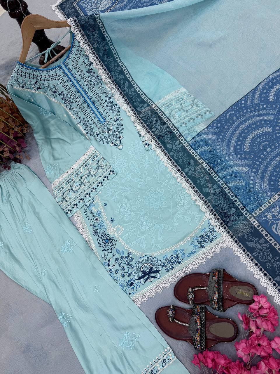 Sky Blue Designer Farshi Palazzo Suit